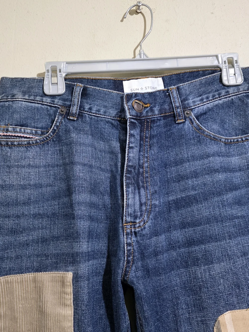 Sun + Stone Men's Pactchwork Denim JEANS DISTRESED Camo Plaid Cordury Size 30 Us